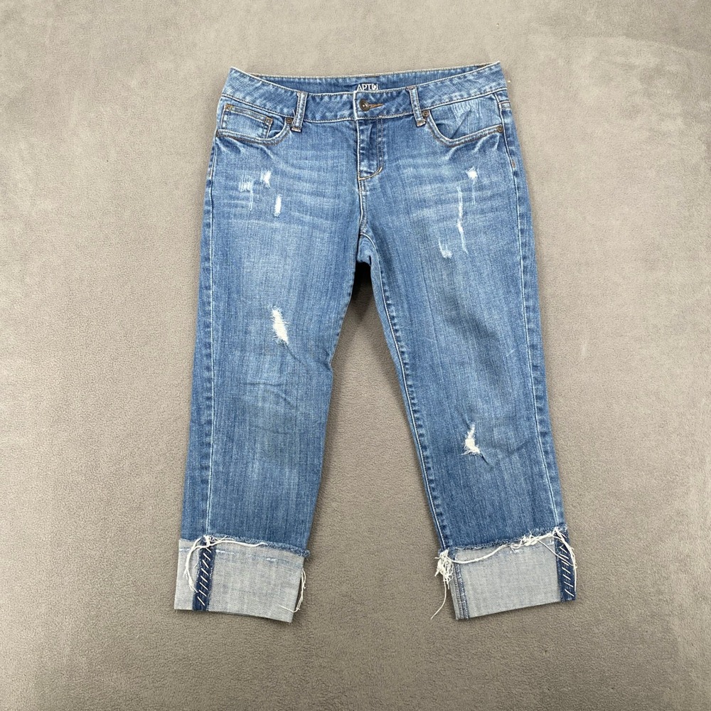 Apt 9 Womens Blue Distressed Capri Jeans Size 6P Medium Wash Frayed Cuff Y2K